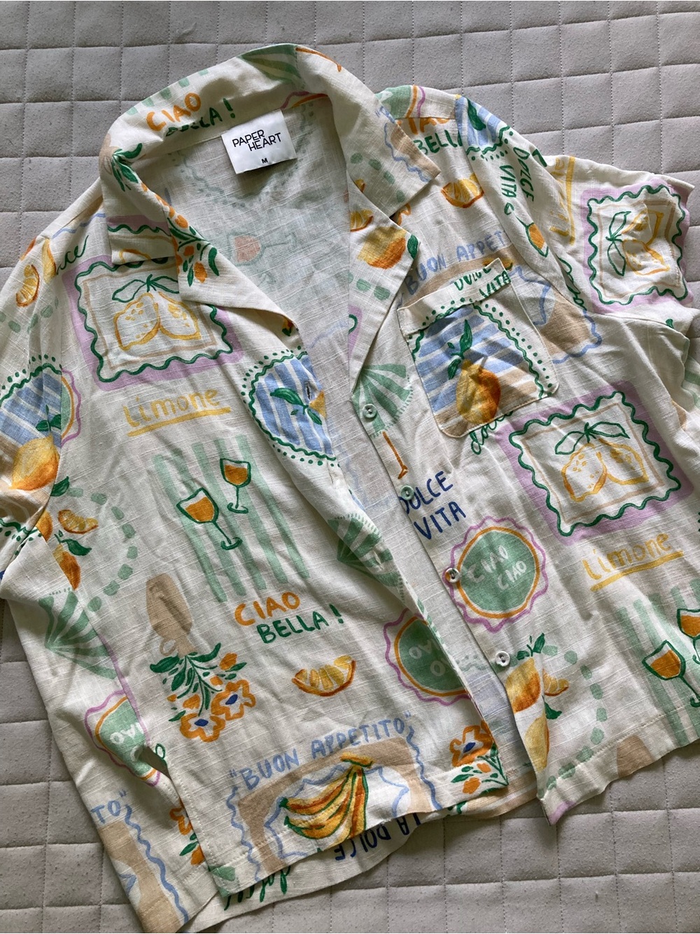 Anthropology Paper Heart Women's Lemon-Print Button-Down Linen Shirt